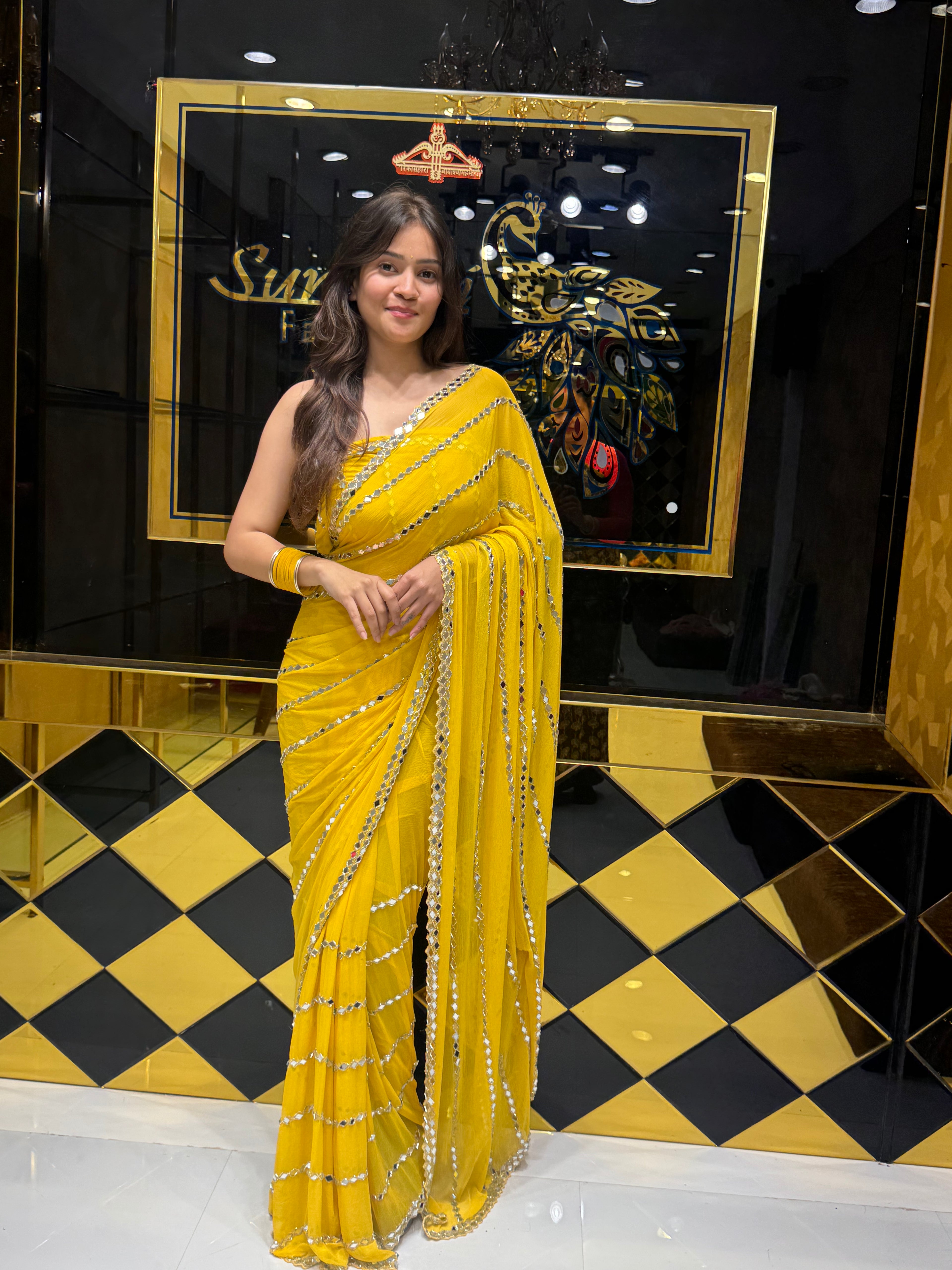 Yellow Original Mirror Work Saree (122)