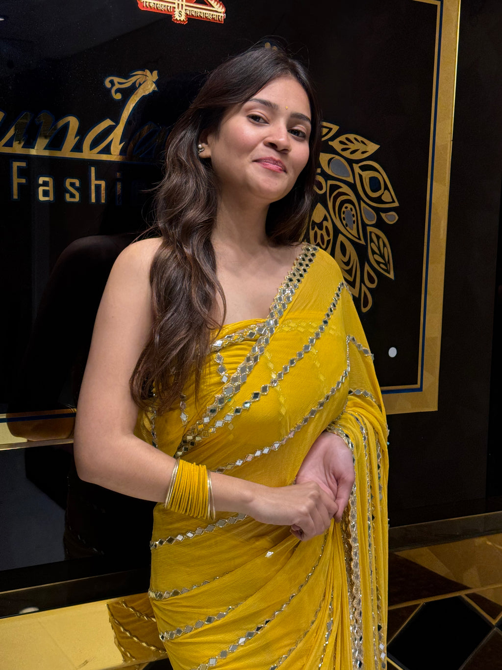 Yellow Original Mirror Work Saree (122)