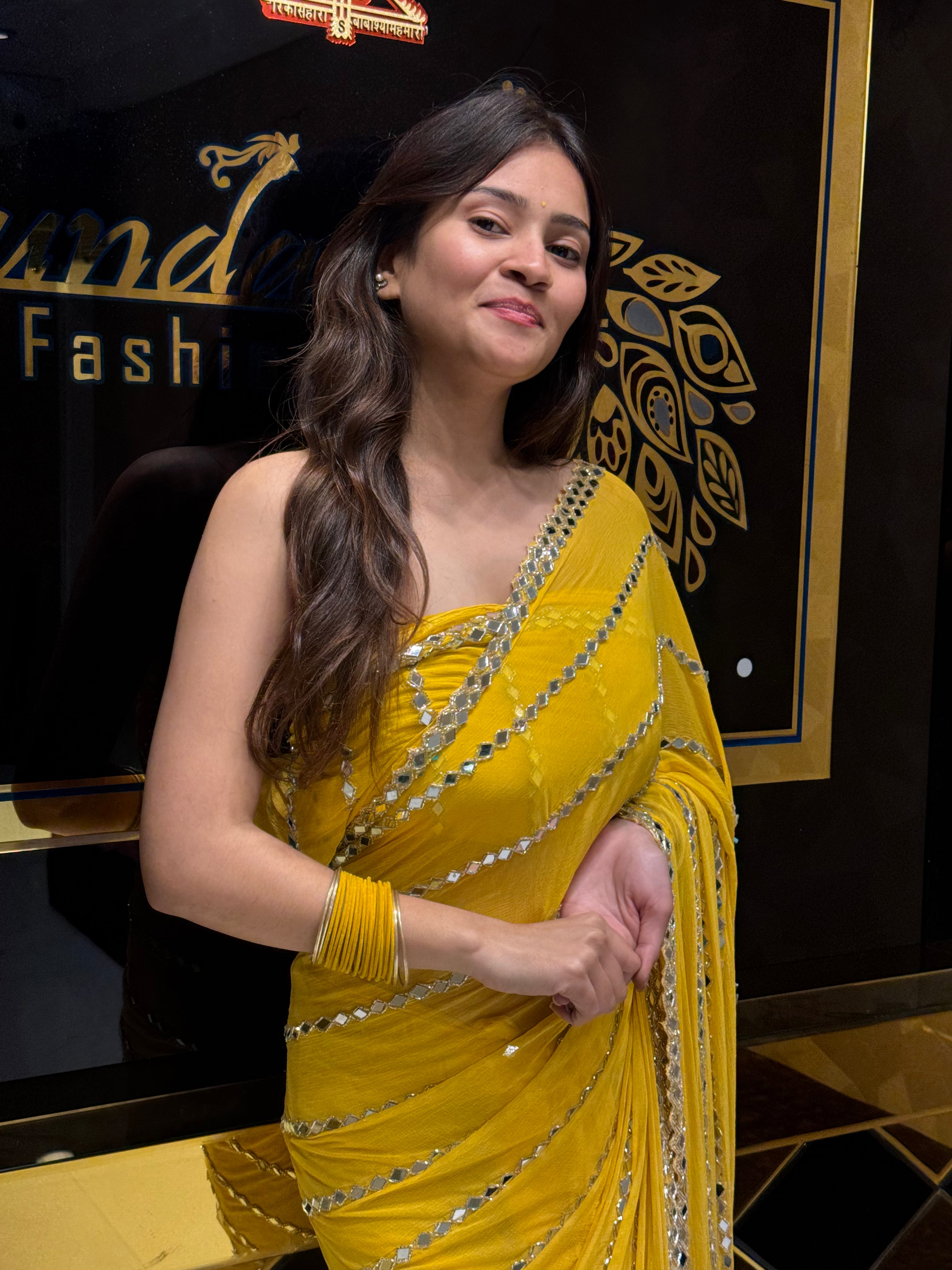 Yellow Original Mirror Work Saree (122)