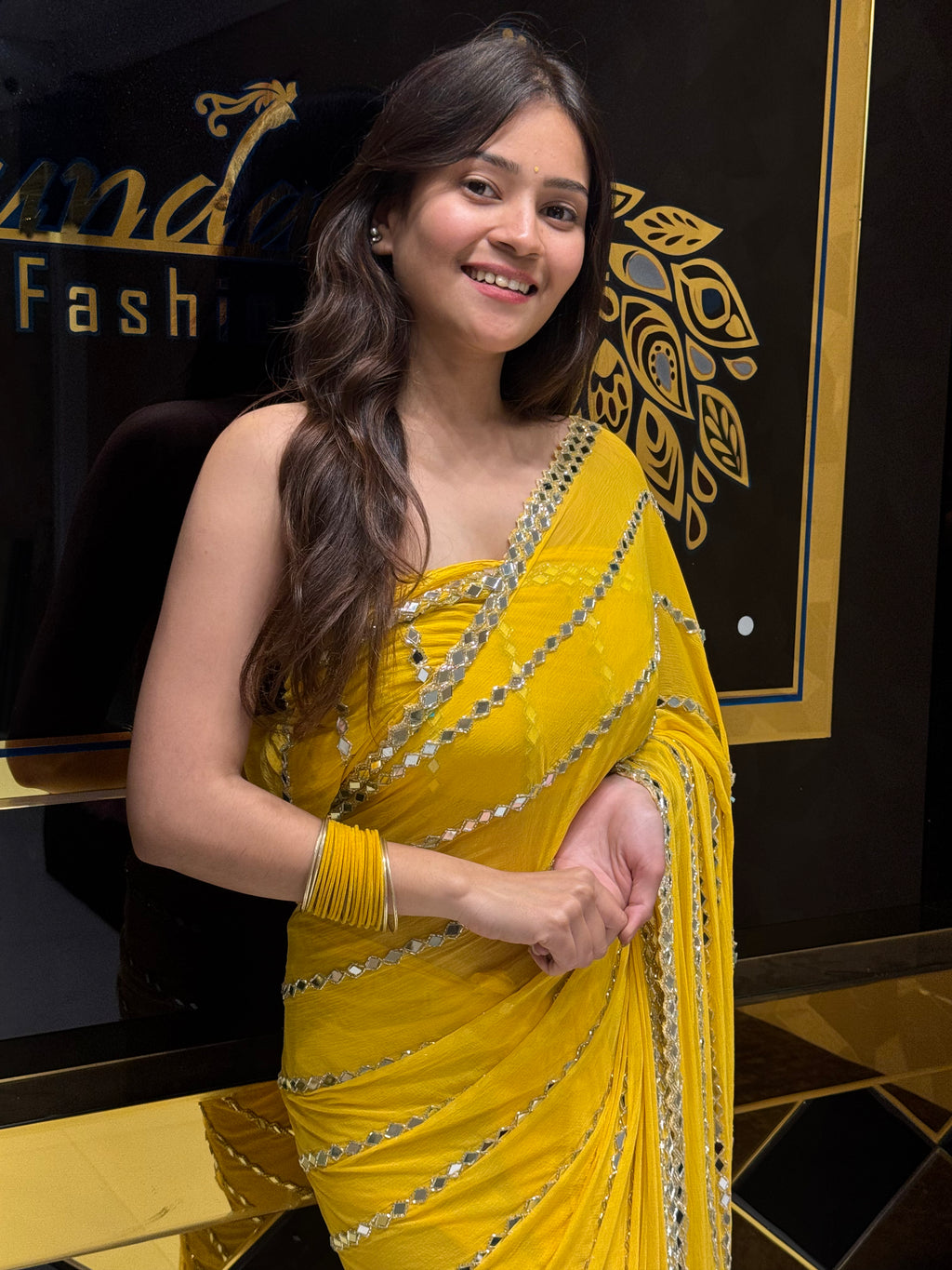 Yellow Original Mirror Work Saree (122)