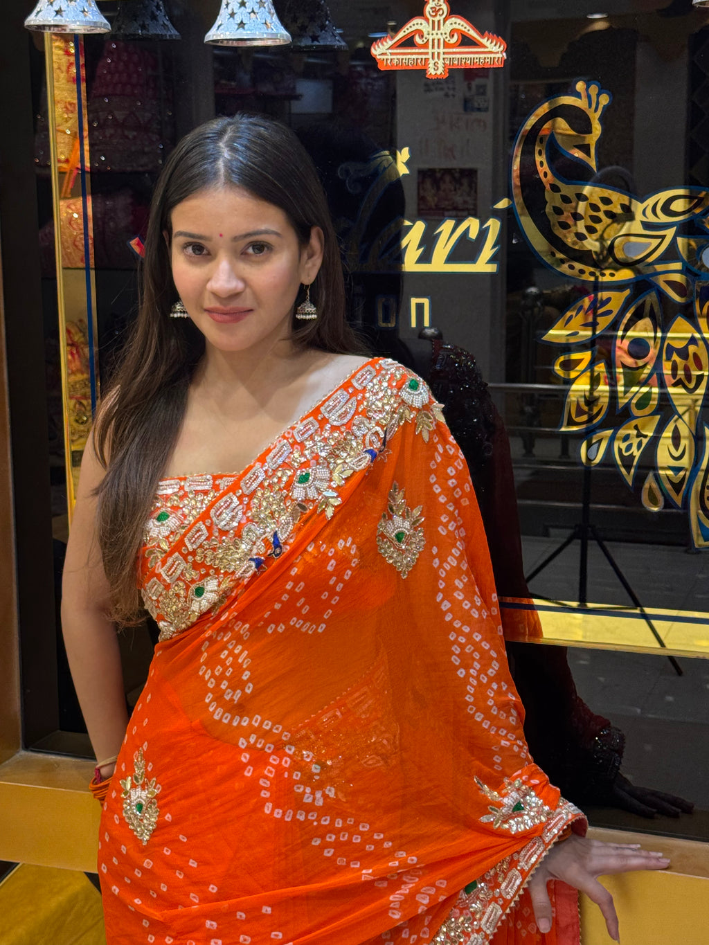 Orange  Bandhej Pure Chiffon Gotapati Work Saree (127)