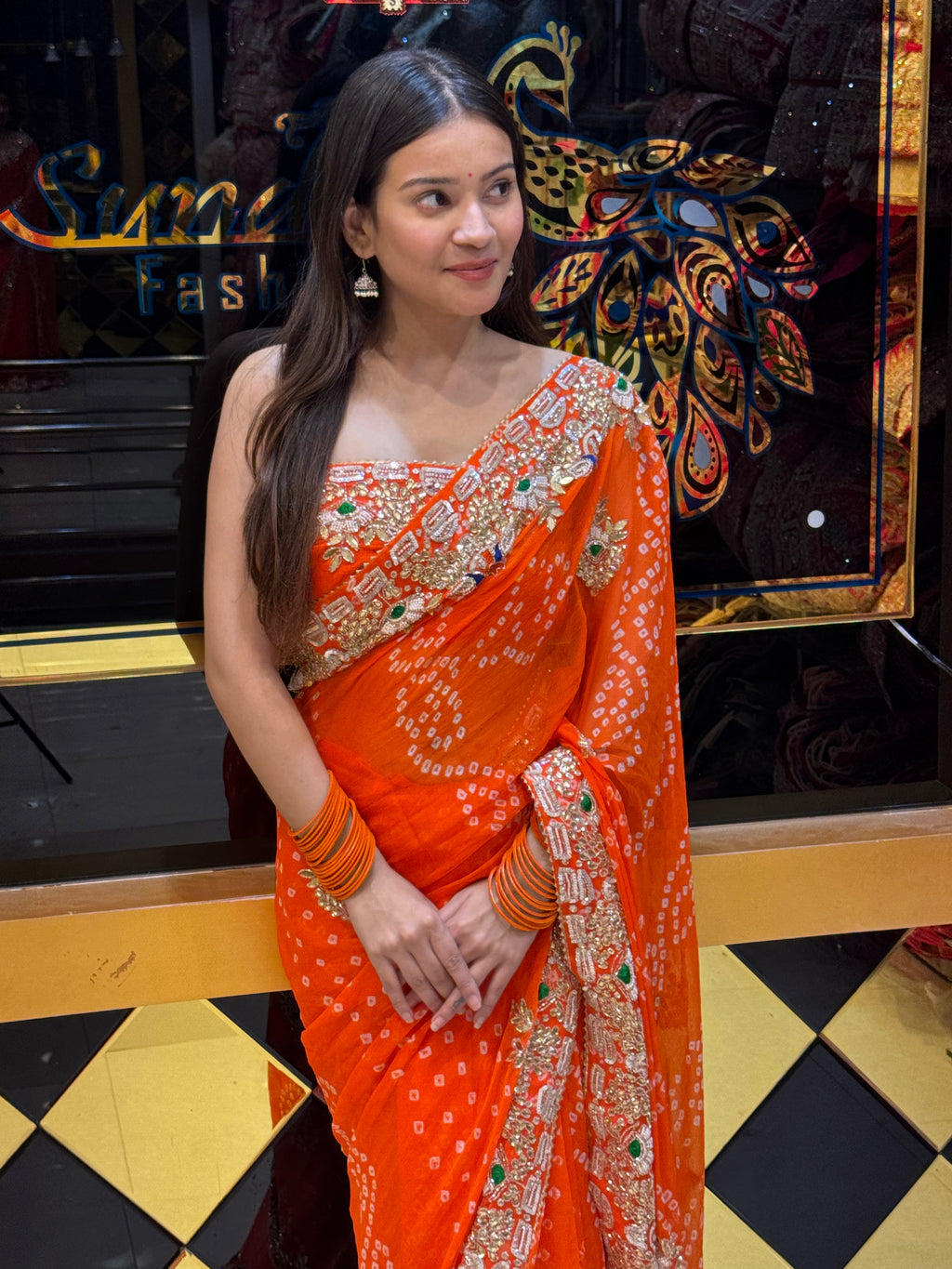 Orange  Bandhej Pure Chiffon Gotapati Work Saree (127)