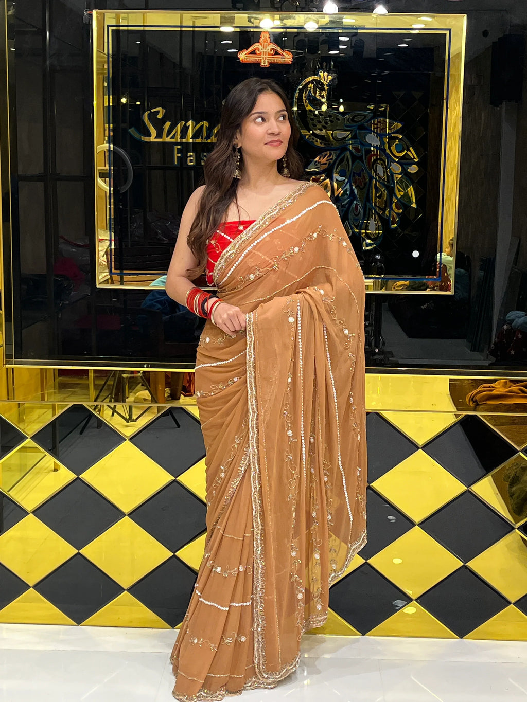 Golden Brown with Red Blouse Premium Handwork Pure Chiffon Saree (132)