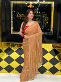 Golden Brown with Red Blouse Premium Handwork Pure Chiffon Saree (132)