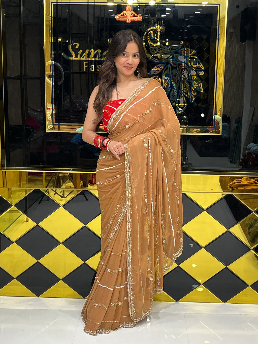Golden Brown with Red Blouse Premium Handwork Pure Chiffon Saree (132)