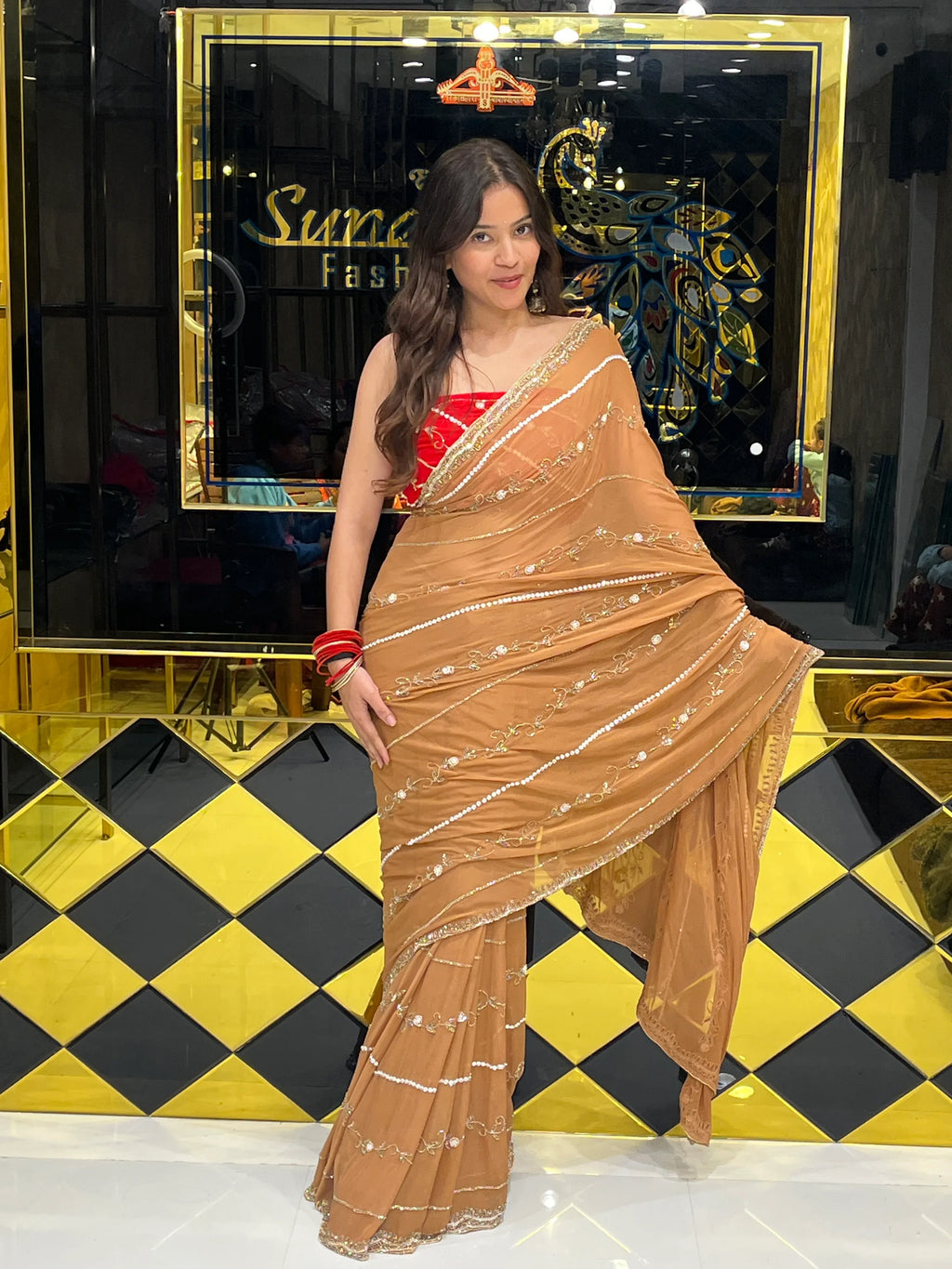 Golden Brown with Red Blouse Premium Handwork Pure Chiffon Saree (132)