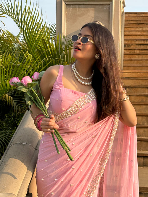 Pink Pure Chiffon Premium Handwork Saree (180)