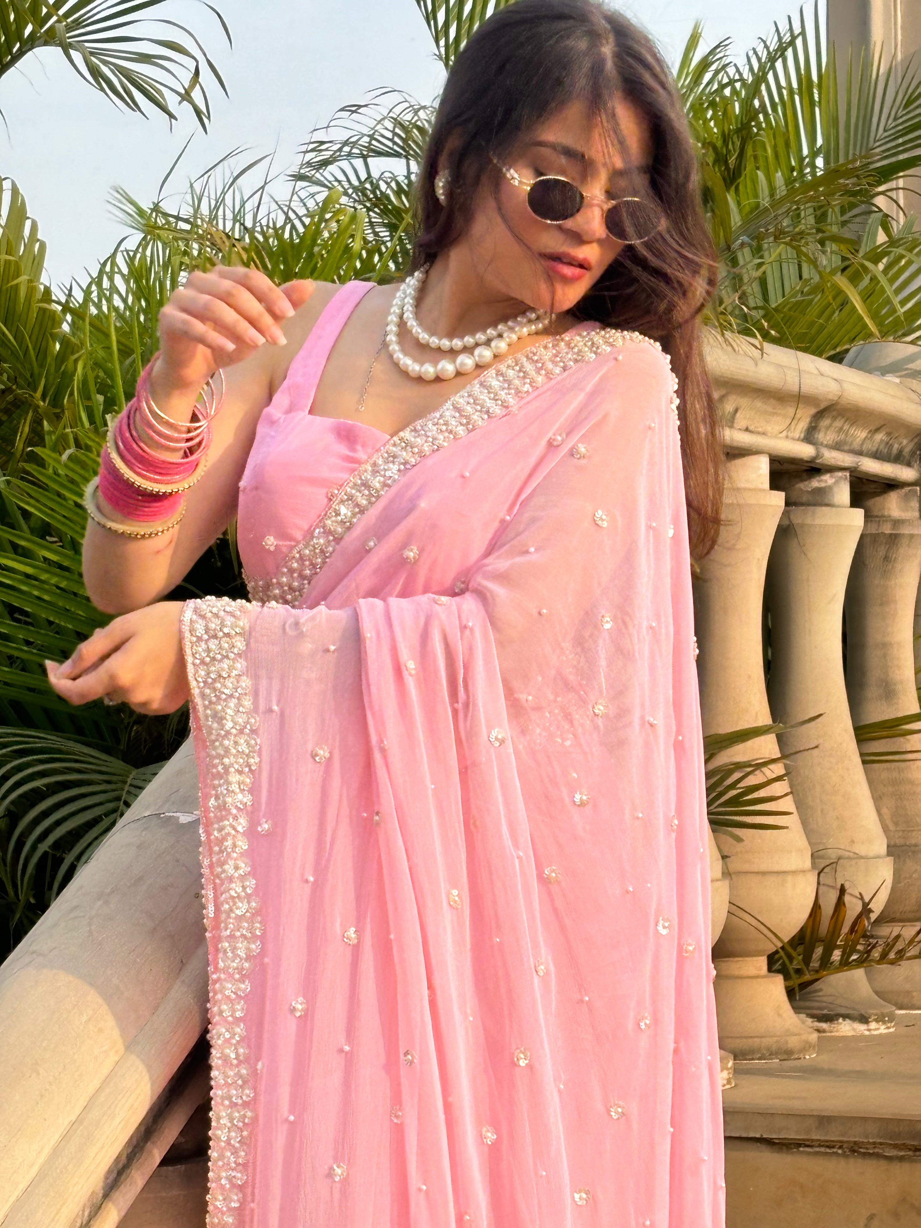 Pink Pure Chiffon Premium Handwork Saree (180)