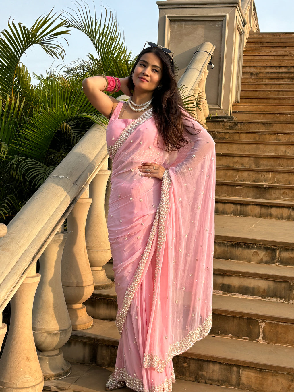 Pink Pure Chiffon Premium Handwork Saree (180)