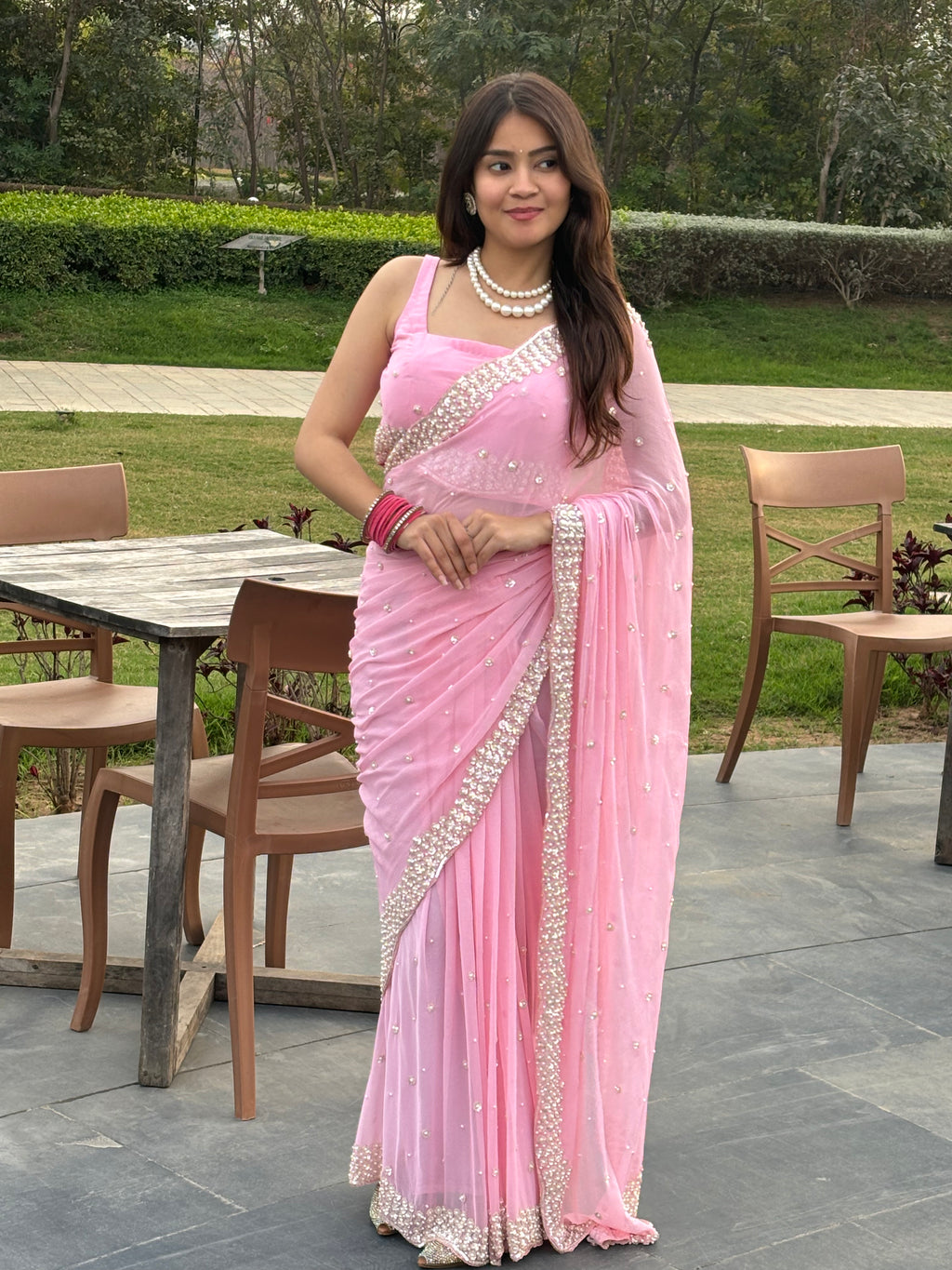 Pink Pure Chiffon Premium Handwork Saree (180)