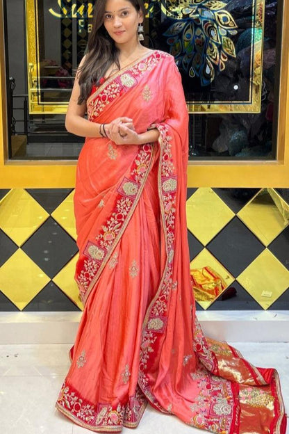 Coral Pink with Red shade Pure Gaji Silk Fabric Saree