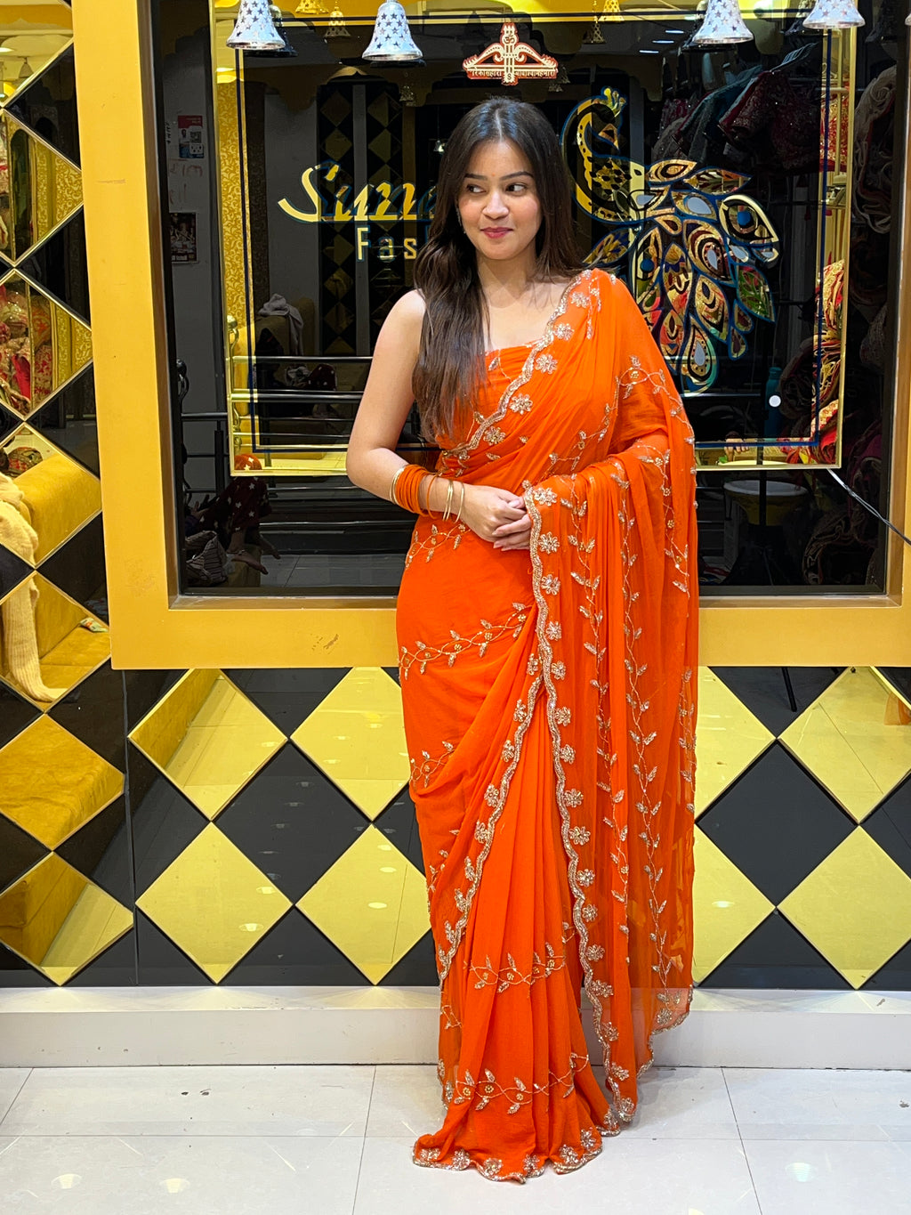 Orange Golden Handwork Saree