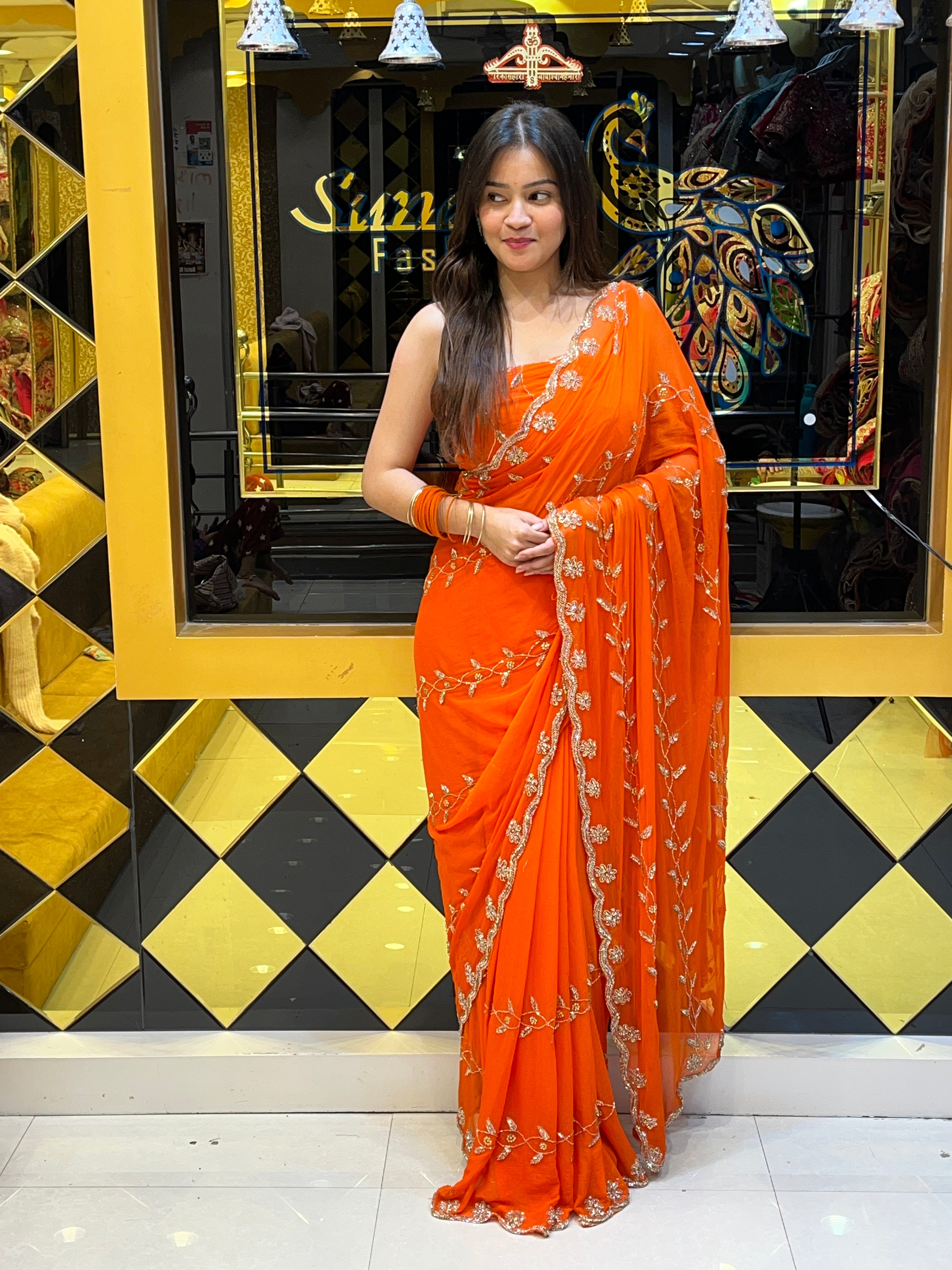 Orange Golden Handwork Saree