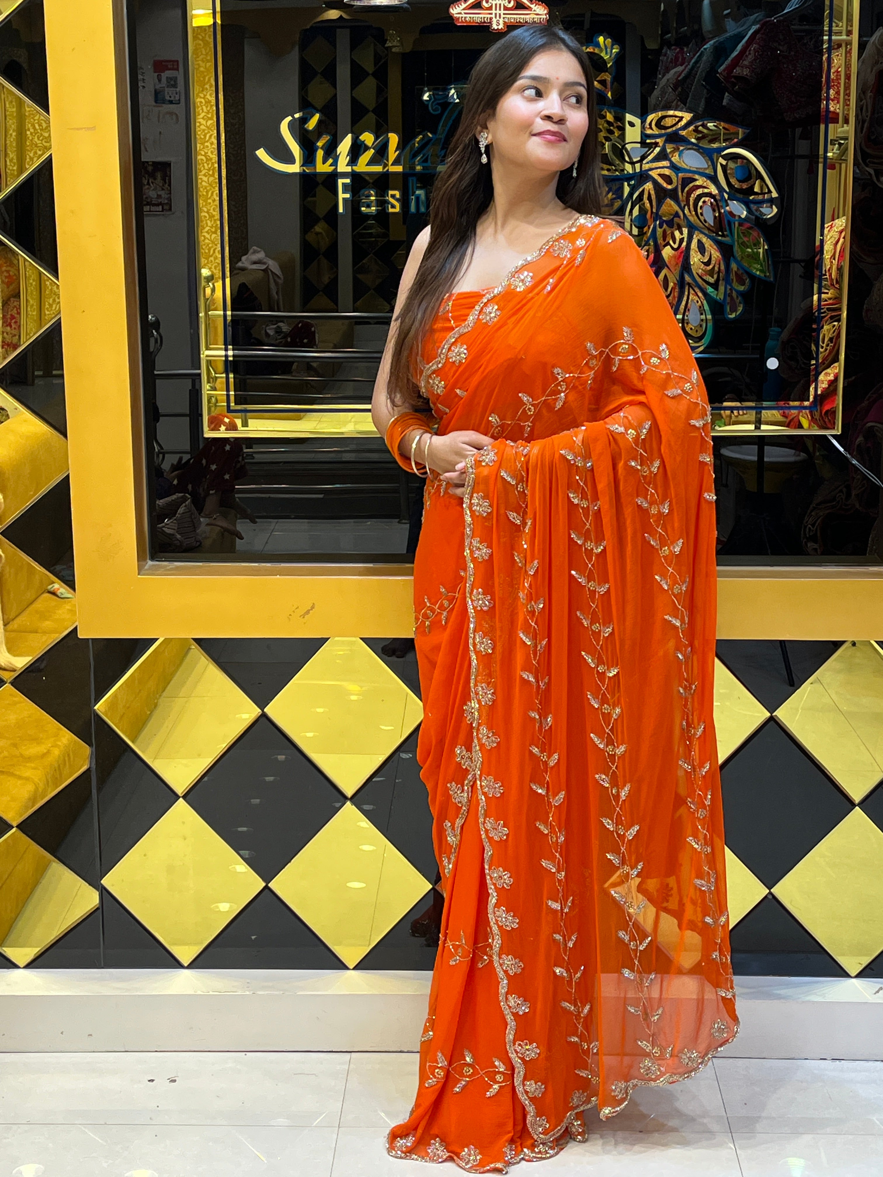 Orange Golden Handwork Saree