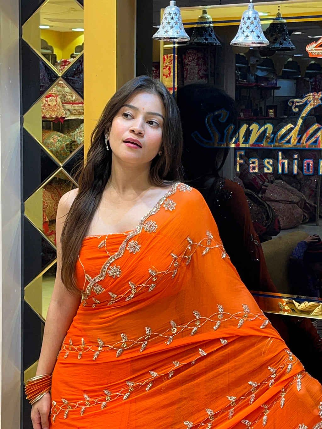 Orange Golden Handwork Saree