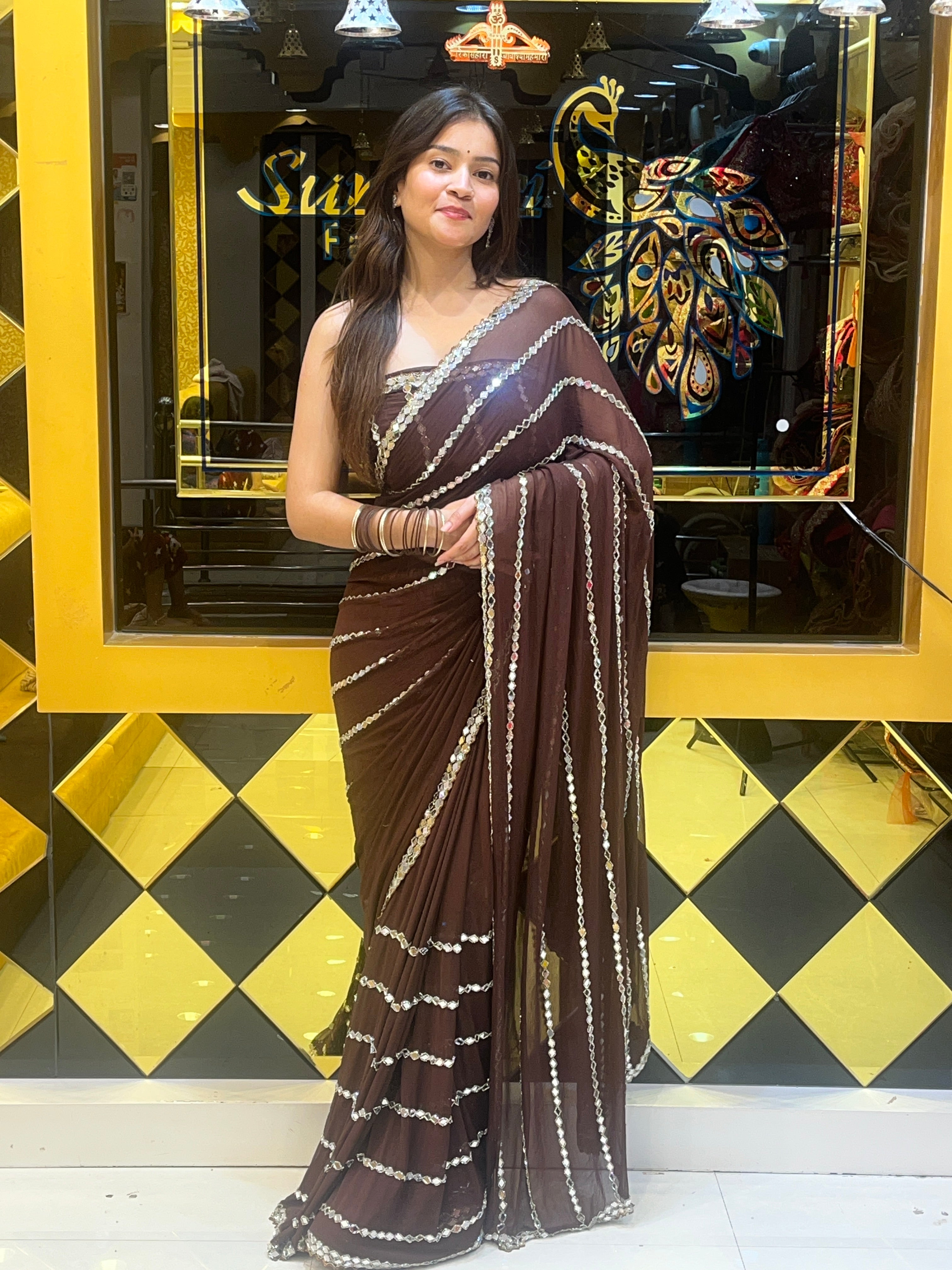 Brown Original Mirror Work Saree