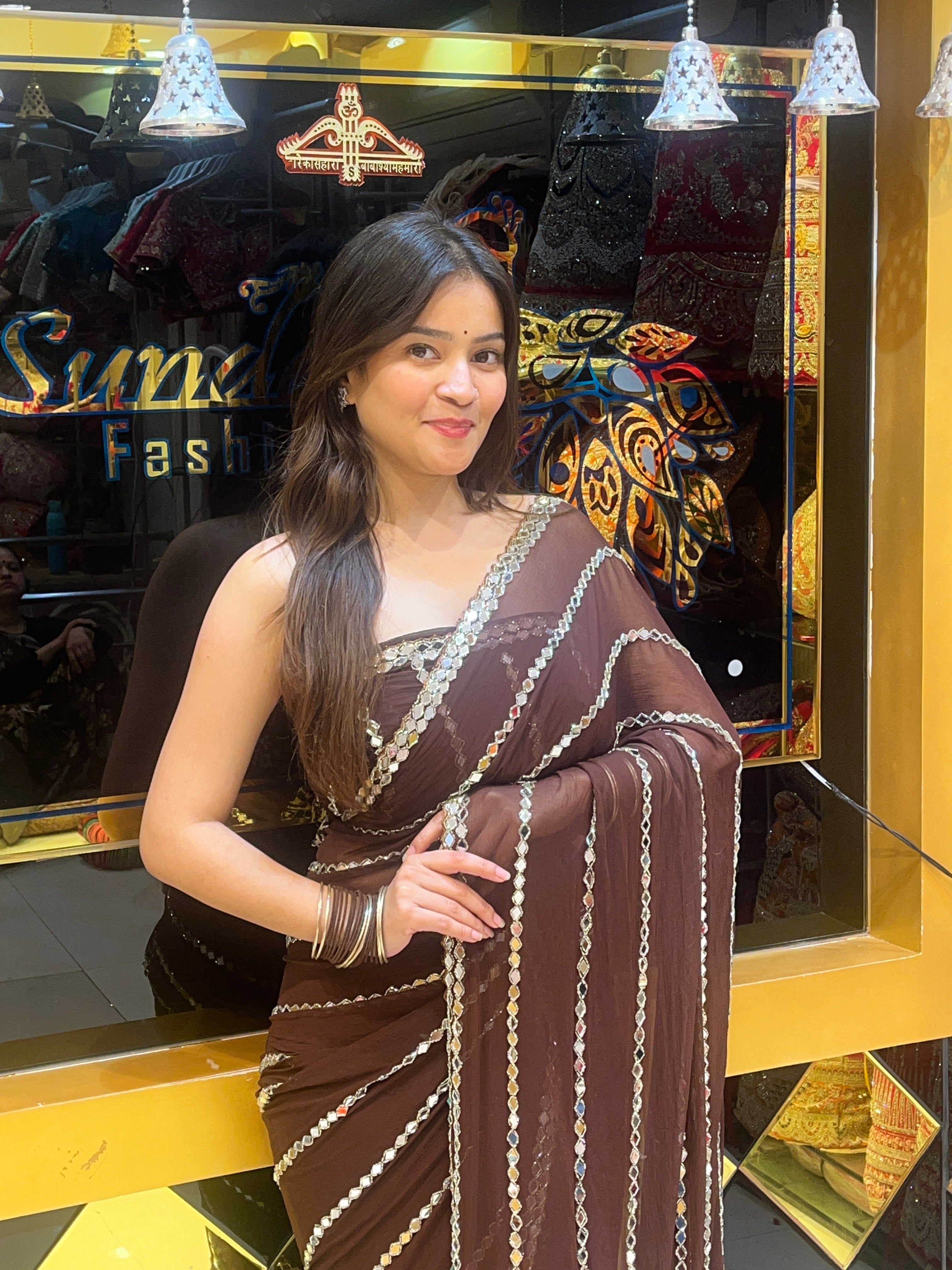 Brown Original Mirror Work Saree