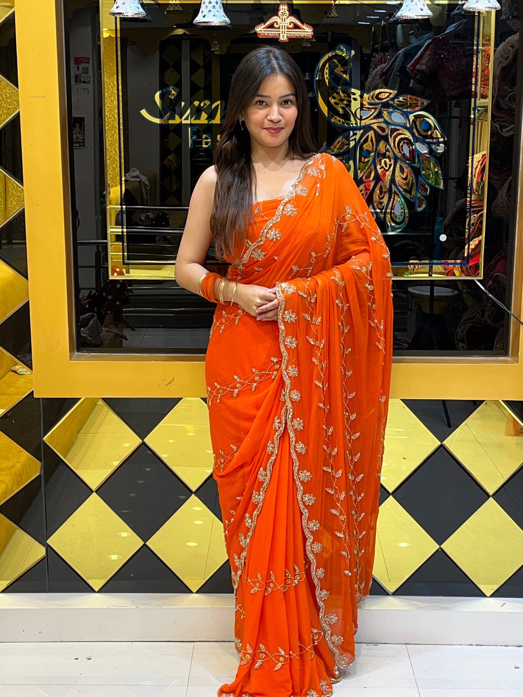 Orange Golden Handwork Saree