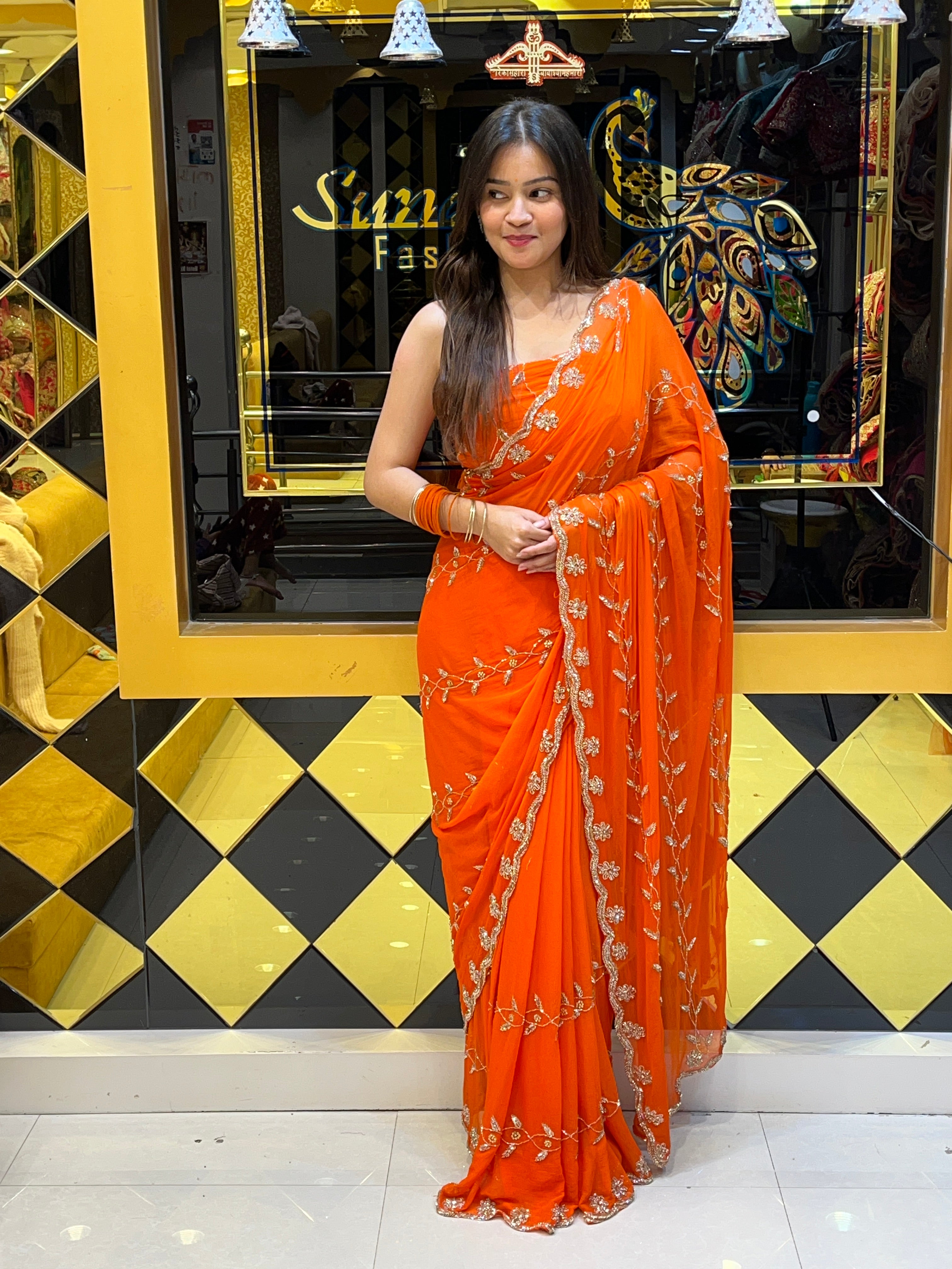 Orange Golden Handwork Saree