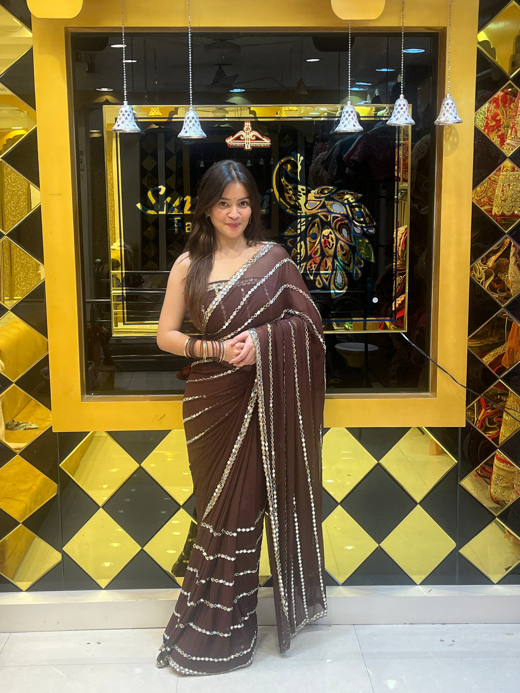 Brown Original Mirror Work Saree