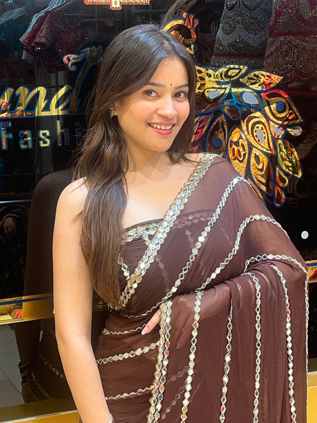 Brown Original Mirror Work Saree