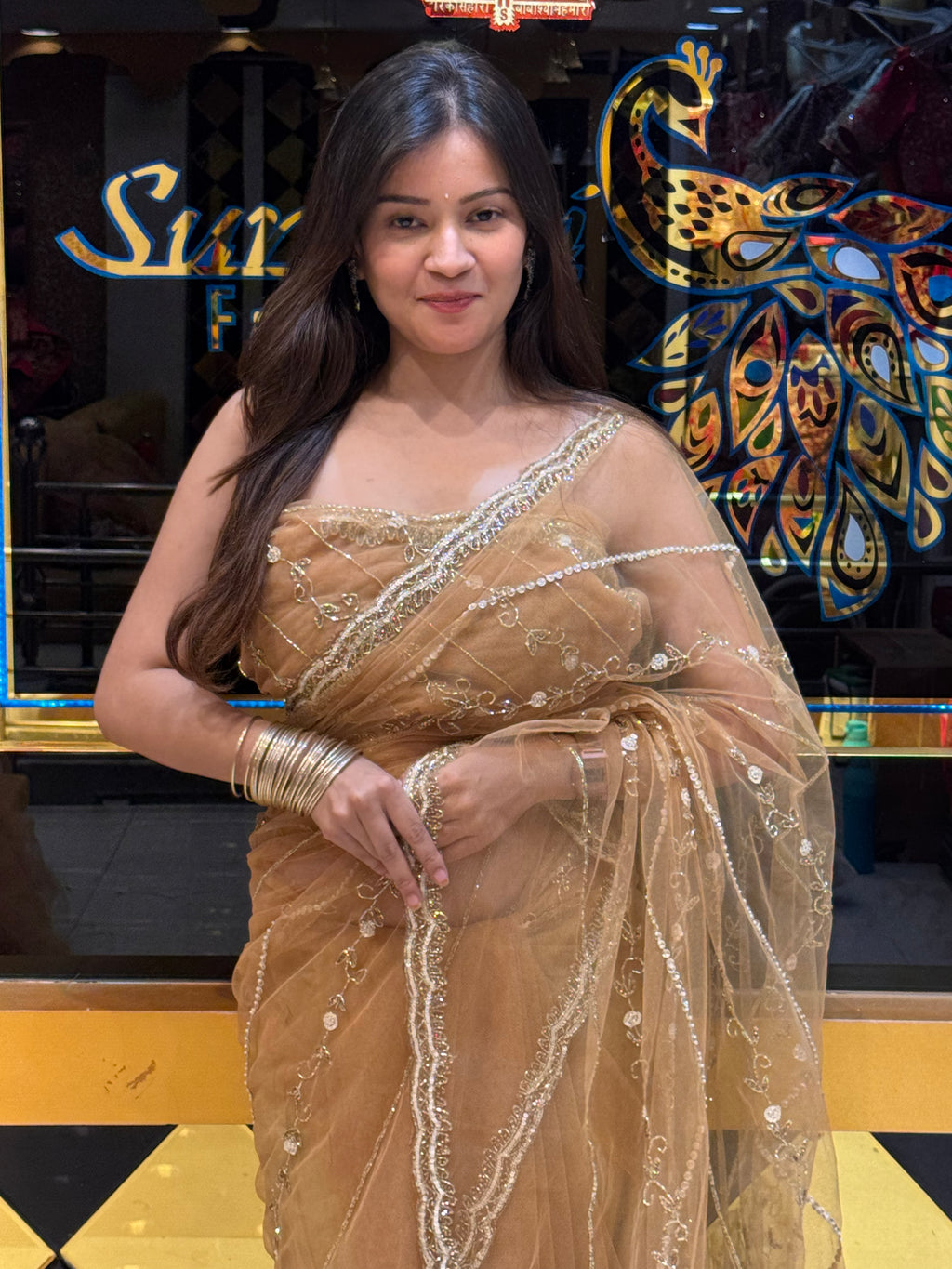 Golden Brown Sequence Handwork Partywear Saree (125)