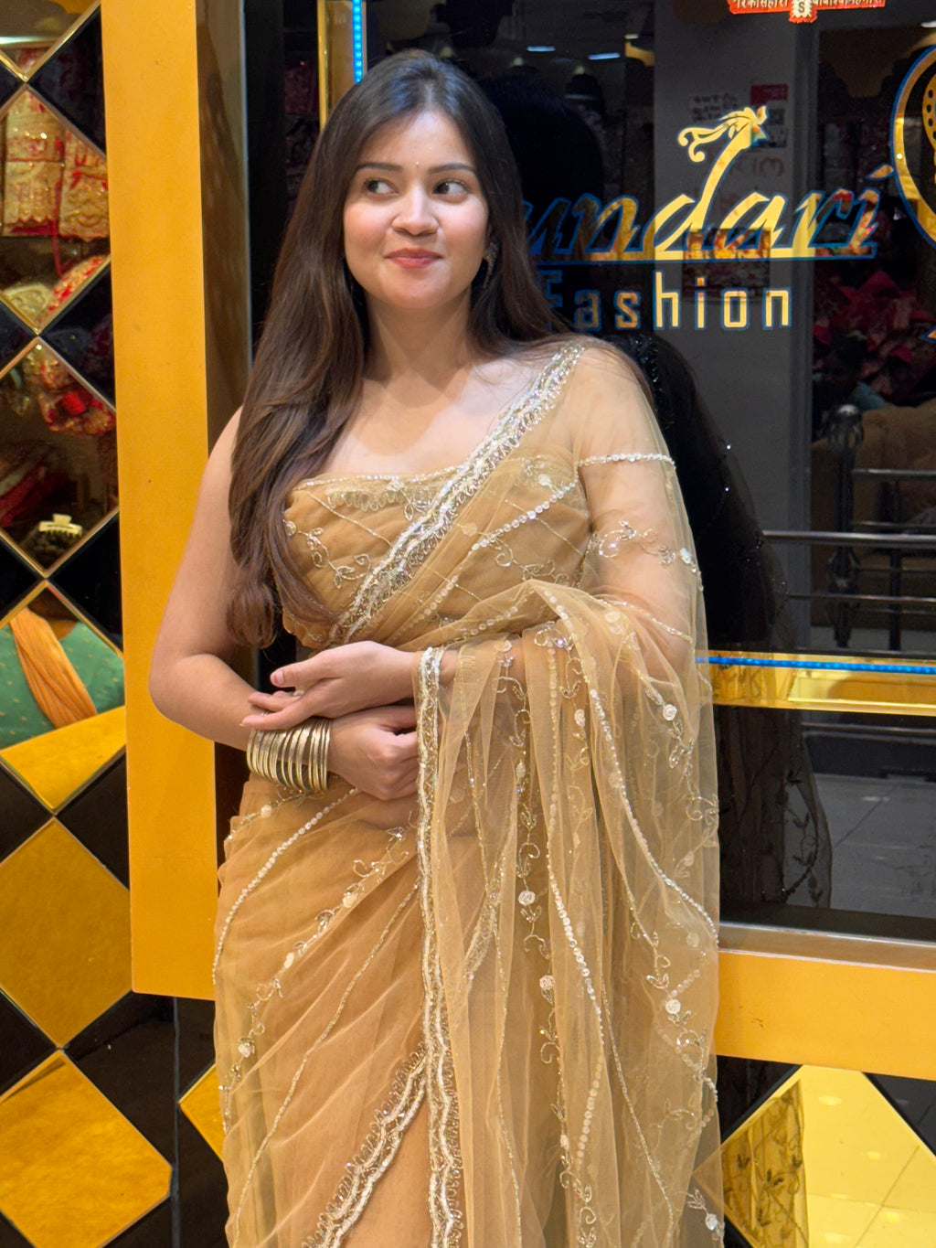 Golden Brown Sequence Handwork Partywear Saree (125)