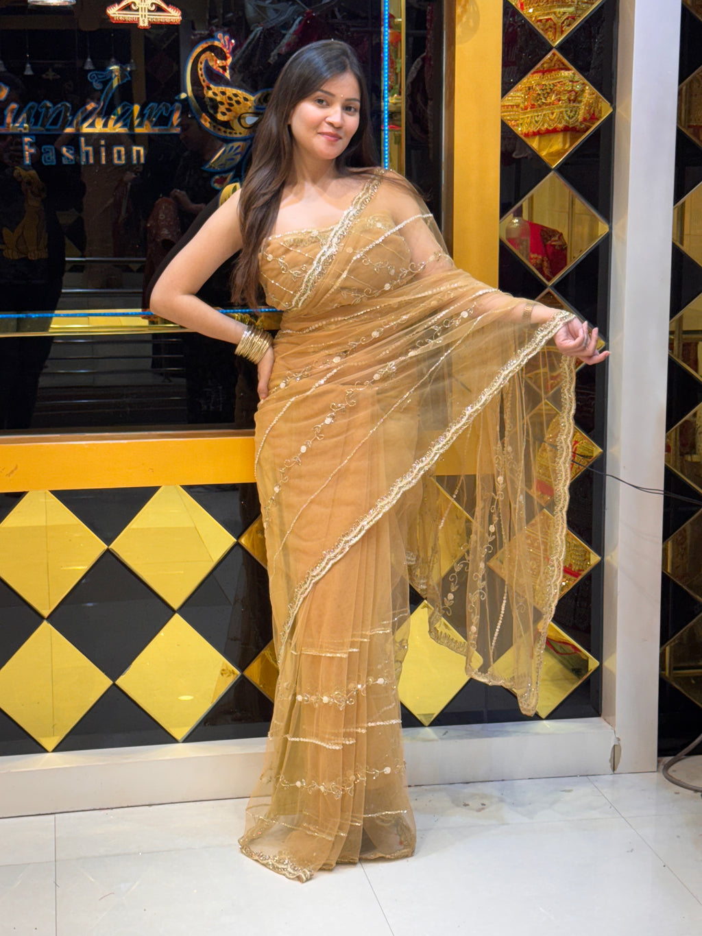Golden Brown Sequence Handwork Partywear Saree (125)