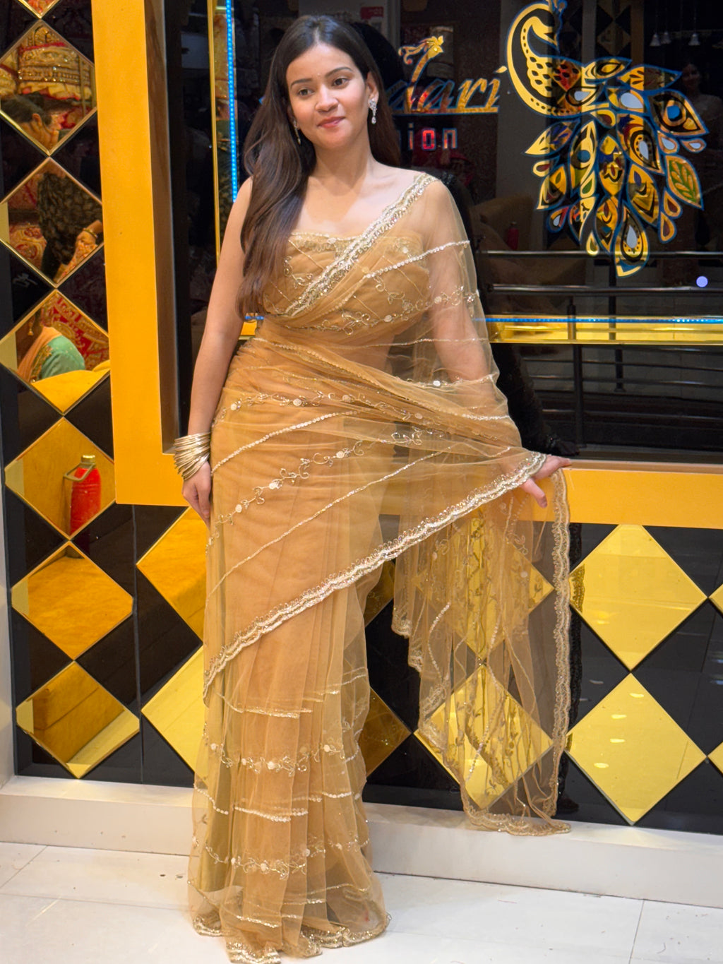 Golden Brown Sequence Handwork Partywear Saree (125)