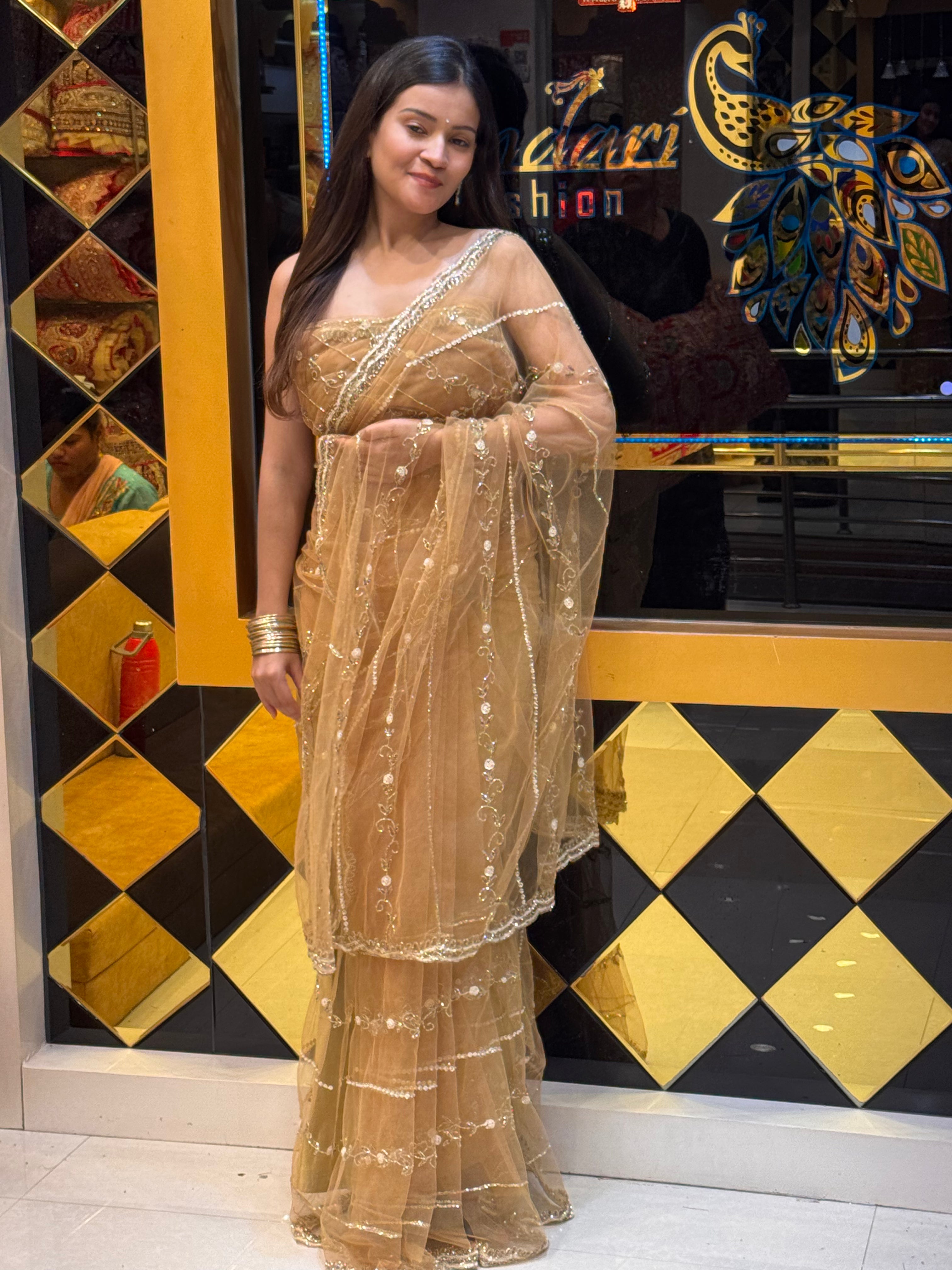 Golden Brown Sequence Handwork Partywear Saree (125)