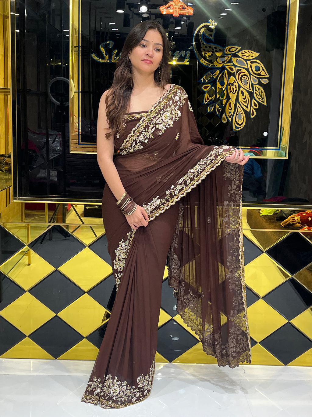 Brown Premium Handwork Pure Chiffon Saree (130)