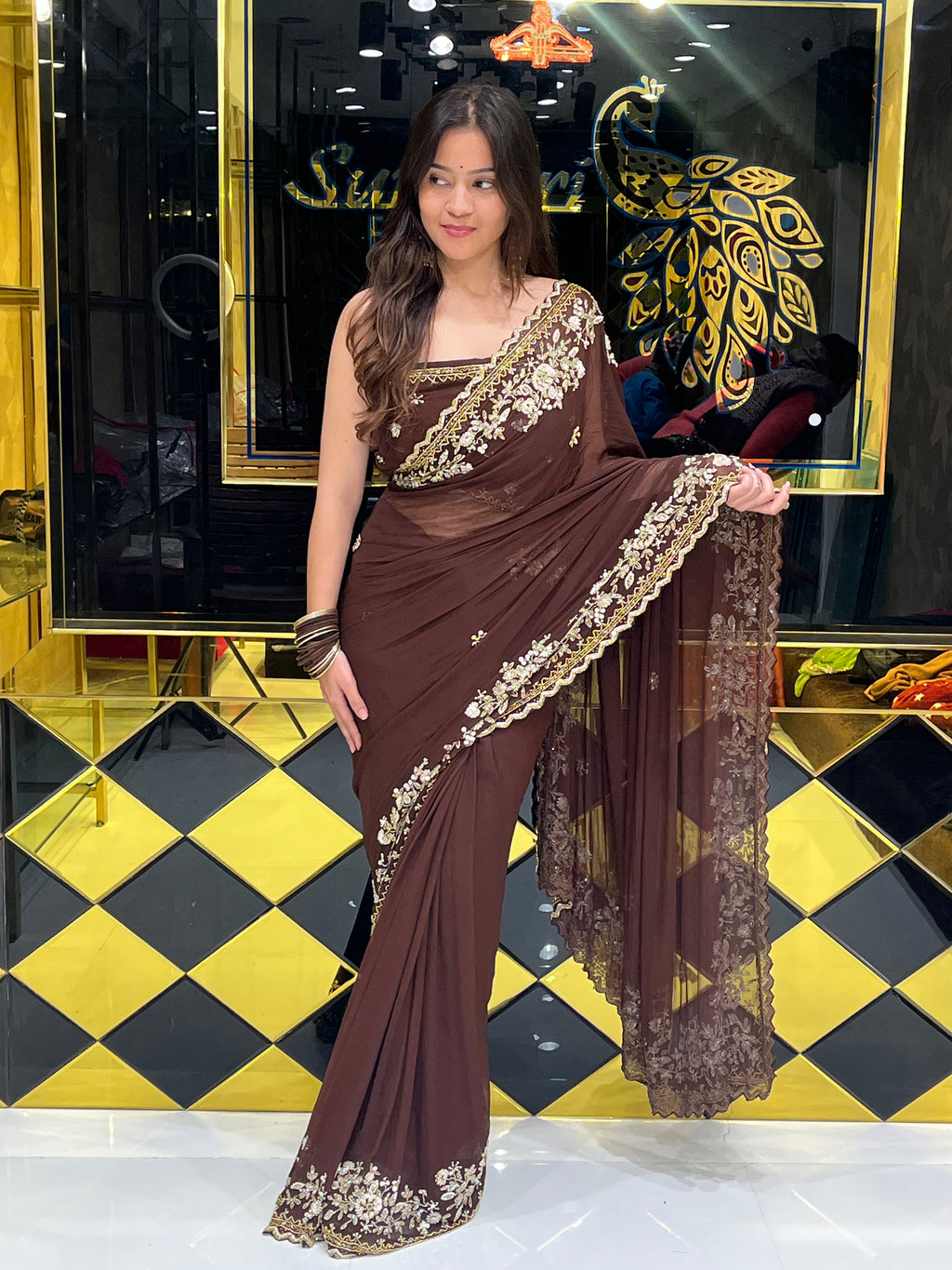 Brown Premium Handwork Pure Chiffon Saree (130)