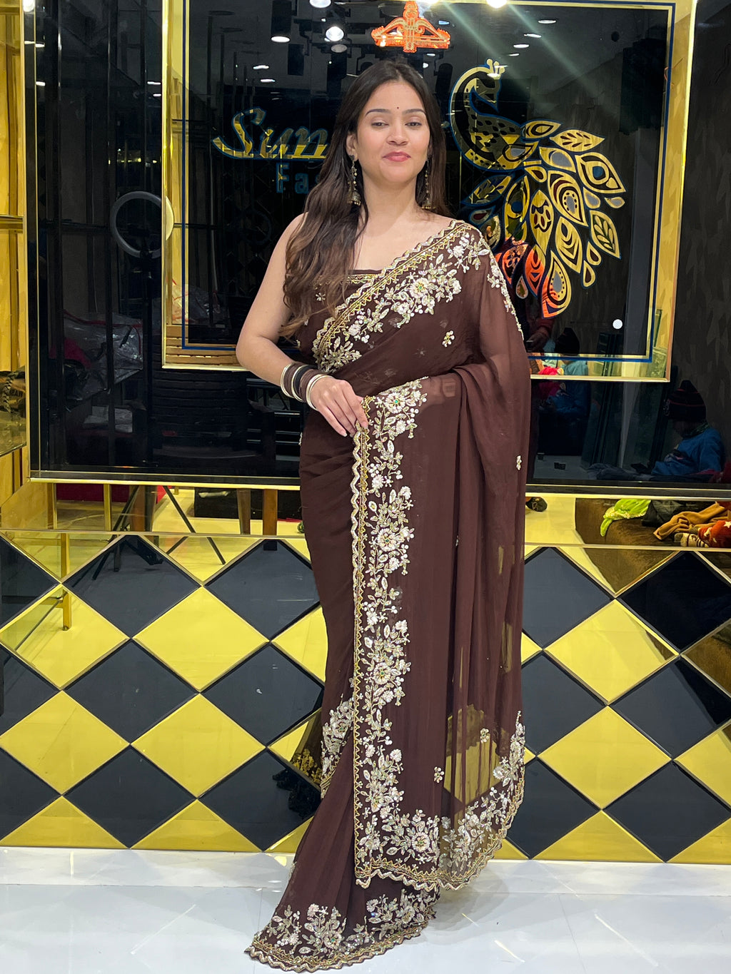 Brown Premium Handwork Pure Chiffon Saree (130)