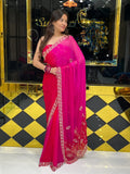 Pink Pure Chiffon Leaf Handwork Partywear Saree (133)