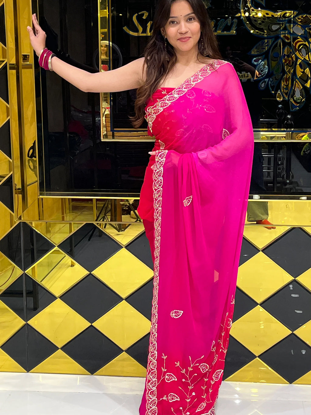 Pink Pure Chiffon Leaf Handwork Partywear Saree (133)