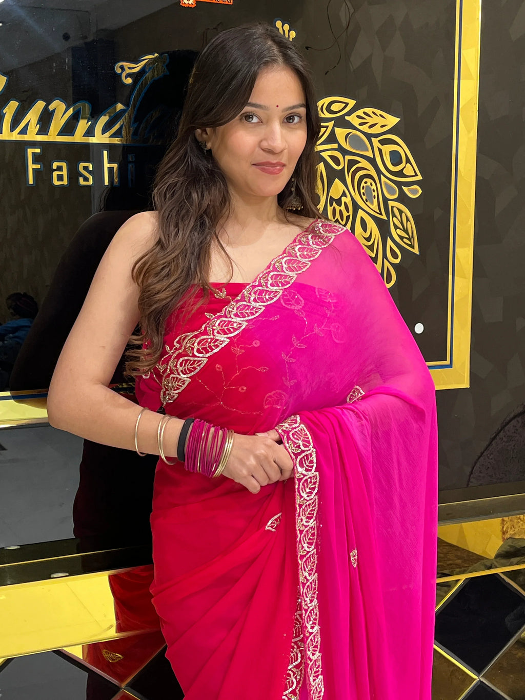 Pink Pure Chiffon Leaf Handwork Partywear Saree (133)
