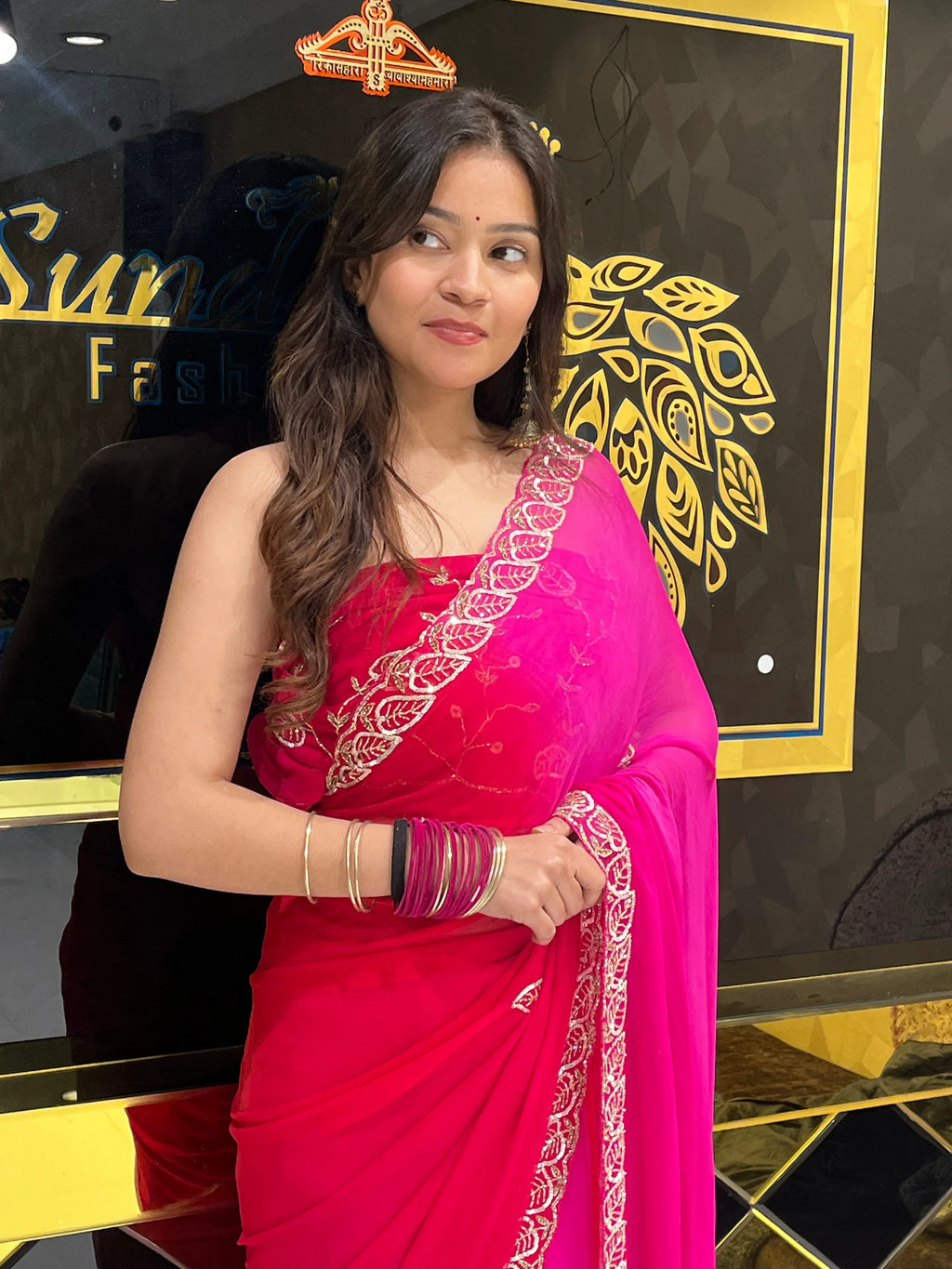 Pink Pure Chiffon Leaf Handwork Partywear Saree (133)