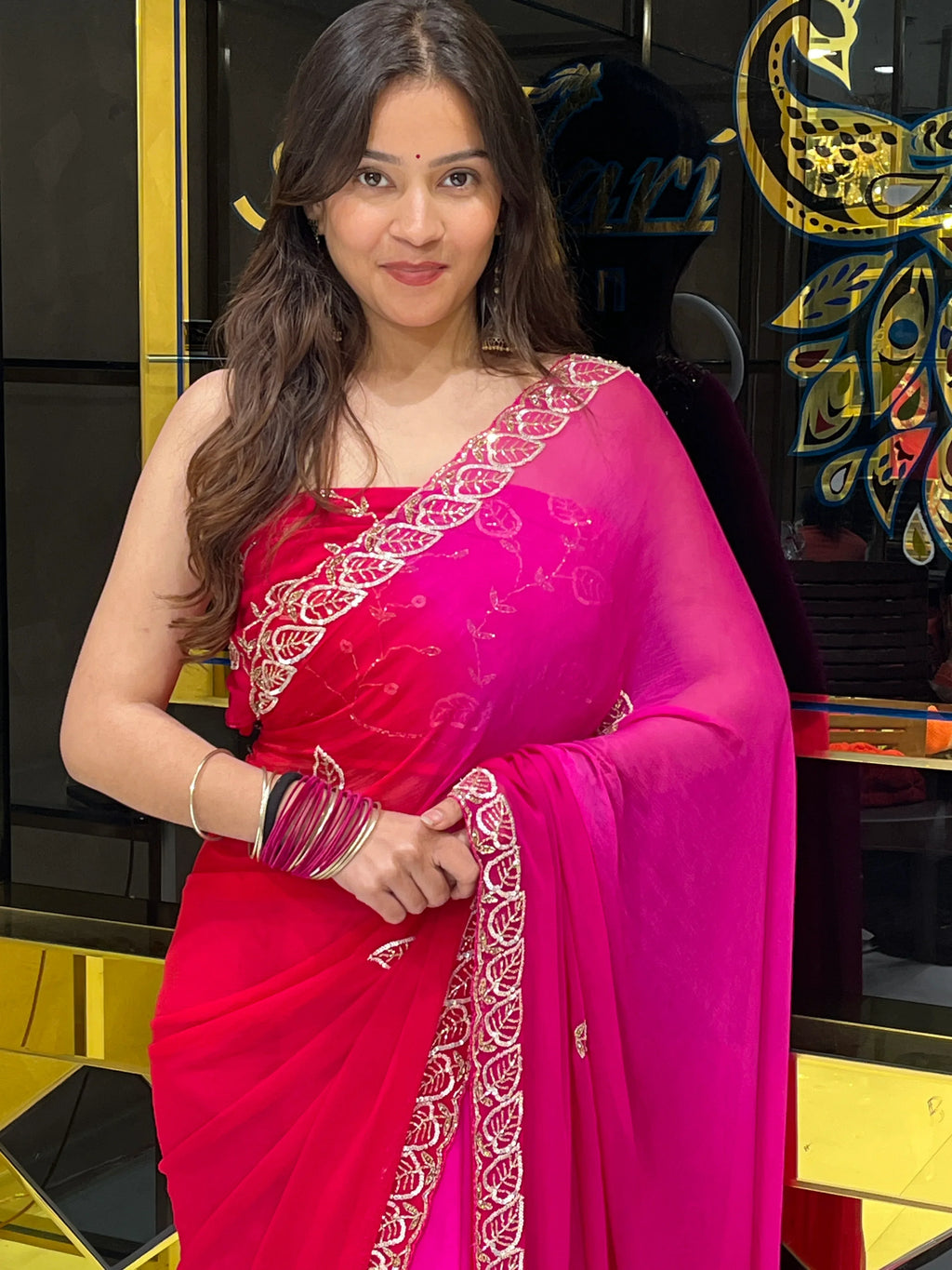 Pink Pure Chiffon Leaf Handwork Partywear Saree (133)