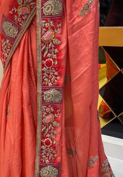 Coral Pink with Red shade Pure Gaji Silk Fabric Saree