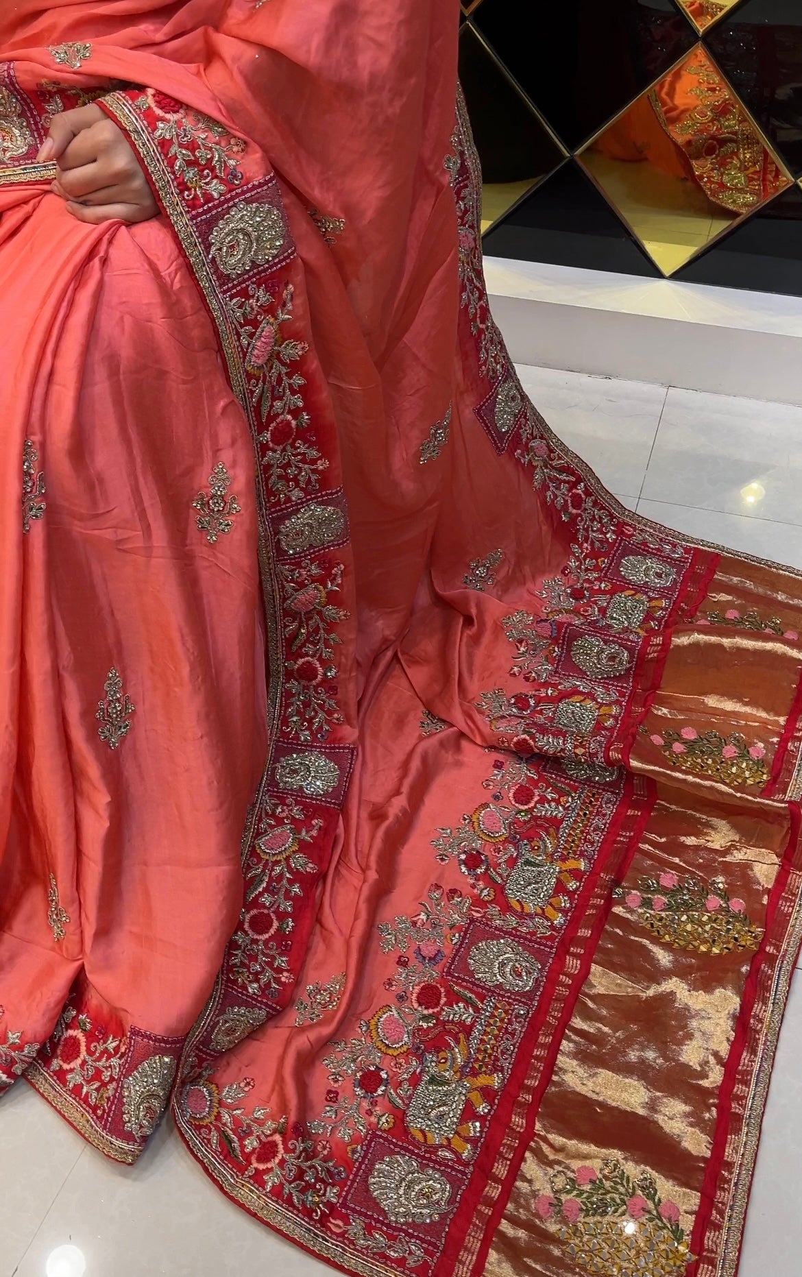 Coral Pink with Red shade Pure Gaji Silk Fabric Saree