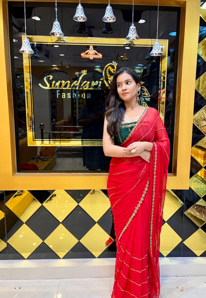 Plain Solid Saree (Red)