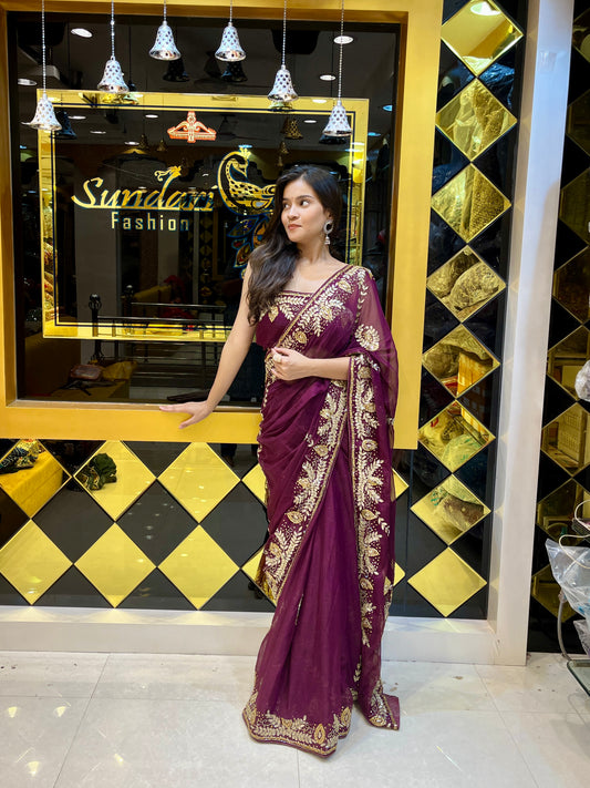 Plain Solid Saree (Wine)