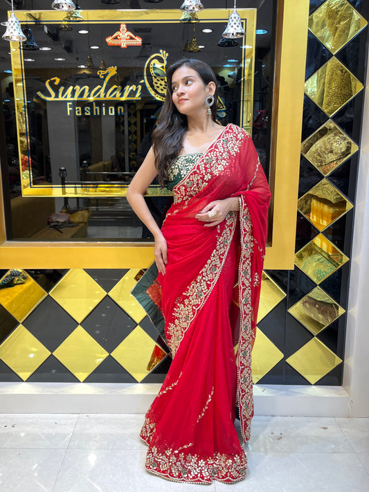 Plain Solid Saree (Red)