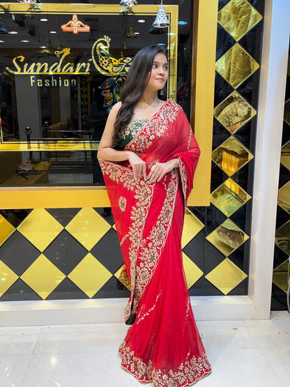 Plain Solid Saree (Red)