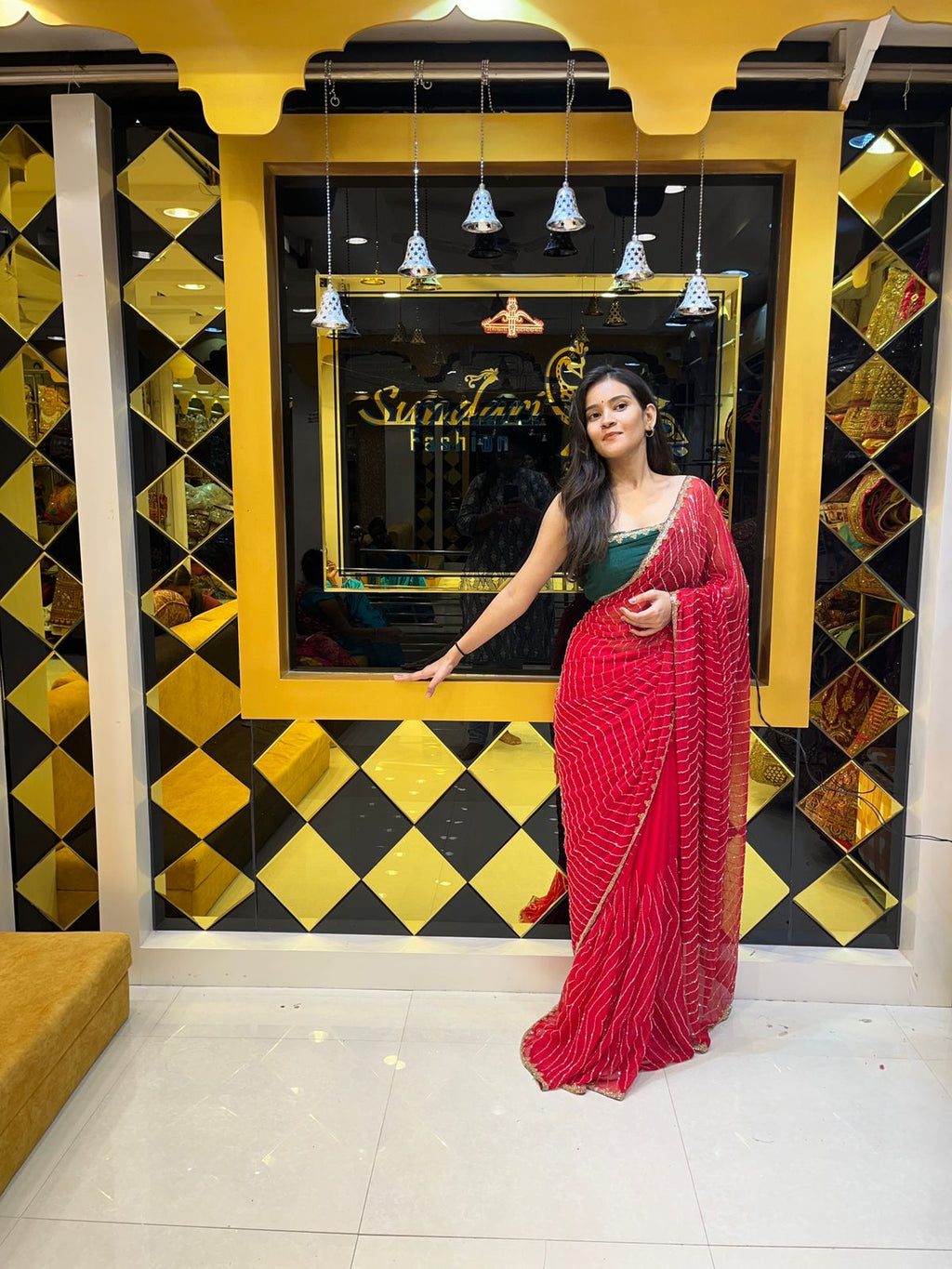 Red Saree With Golden Work And Green Blouse