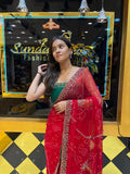 Red Pearl Work Saree