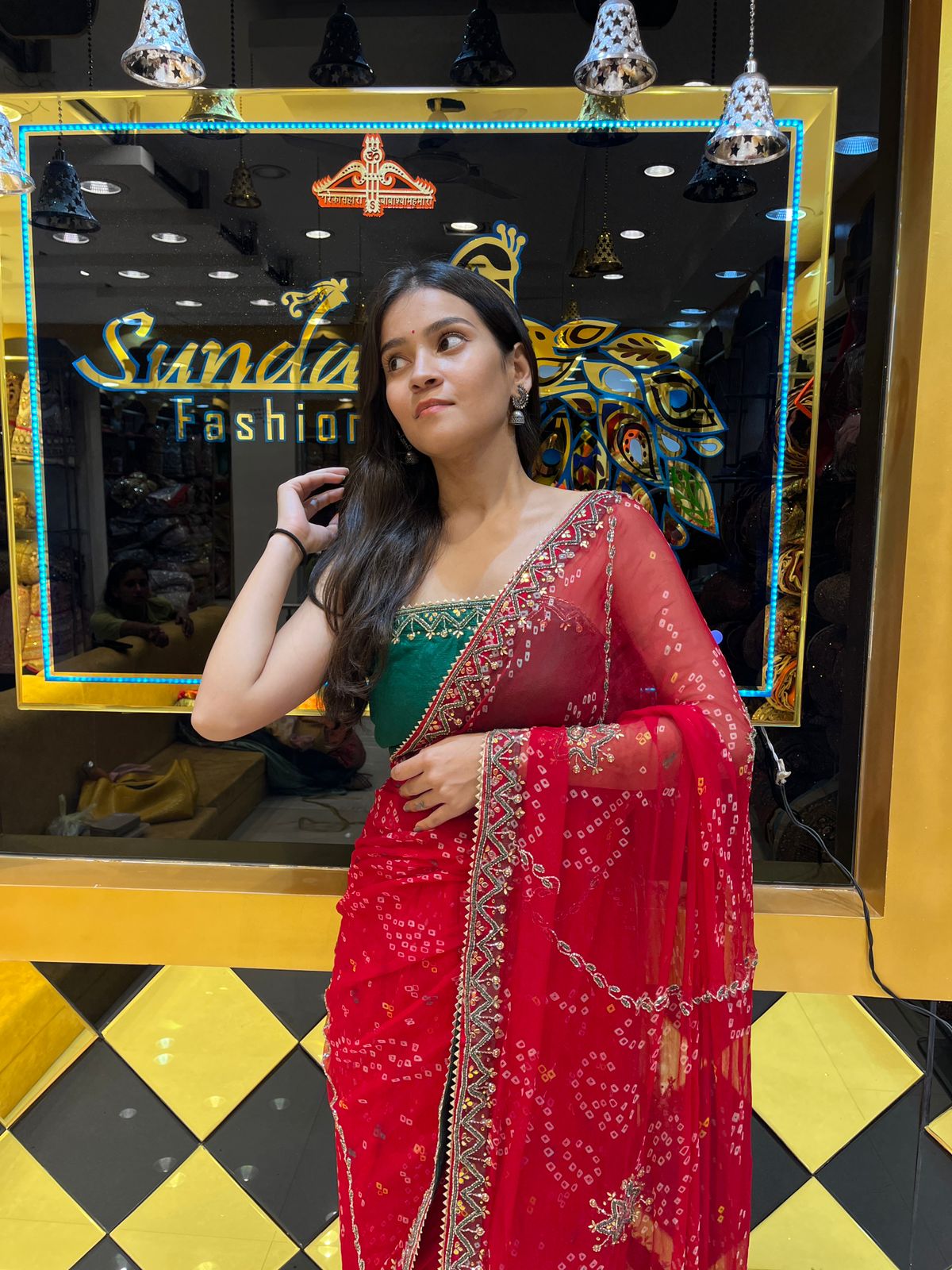 Red Pearl Work Saree