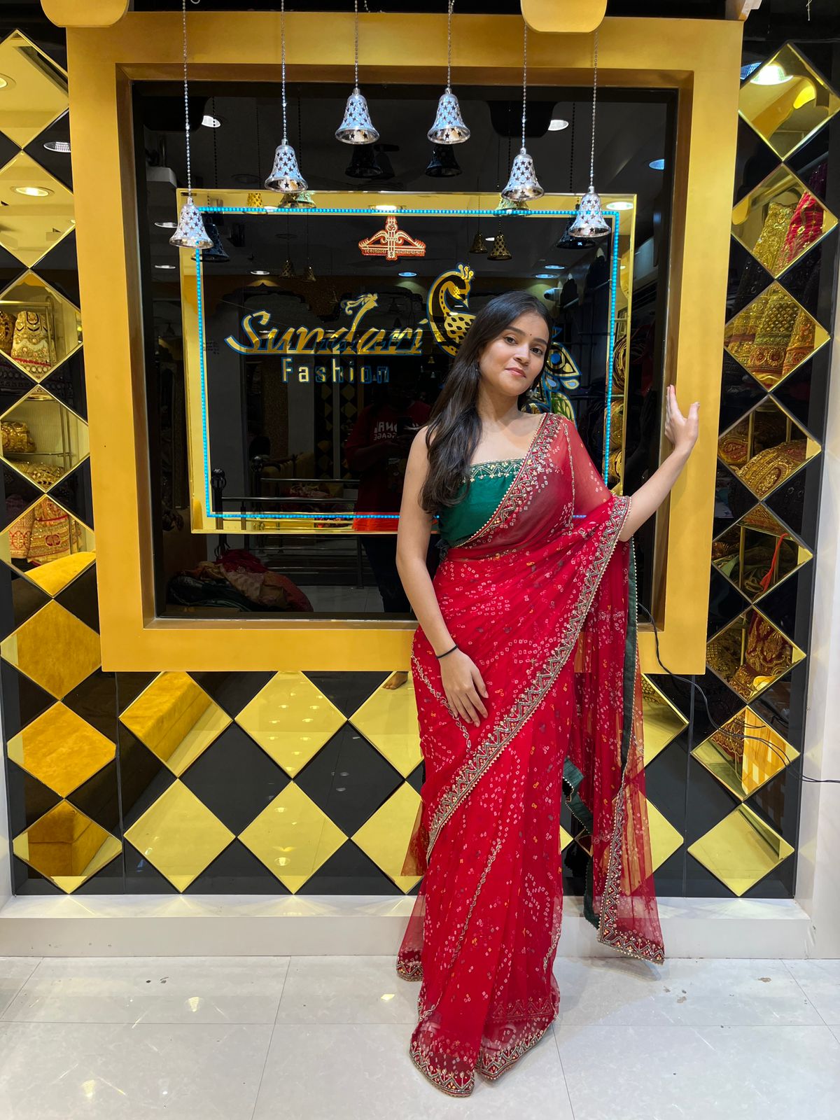 Red Pearl Work Saree