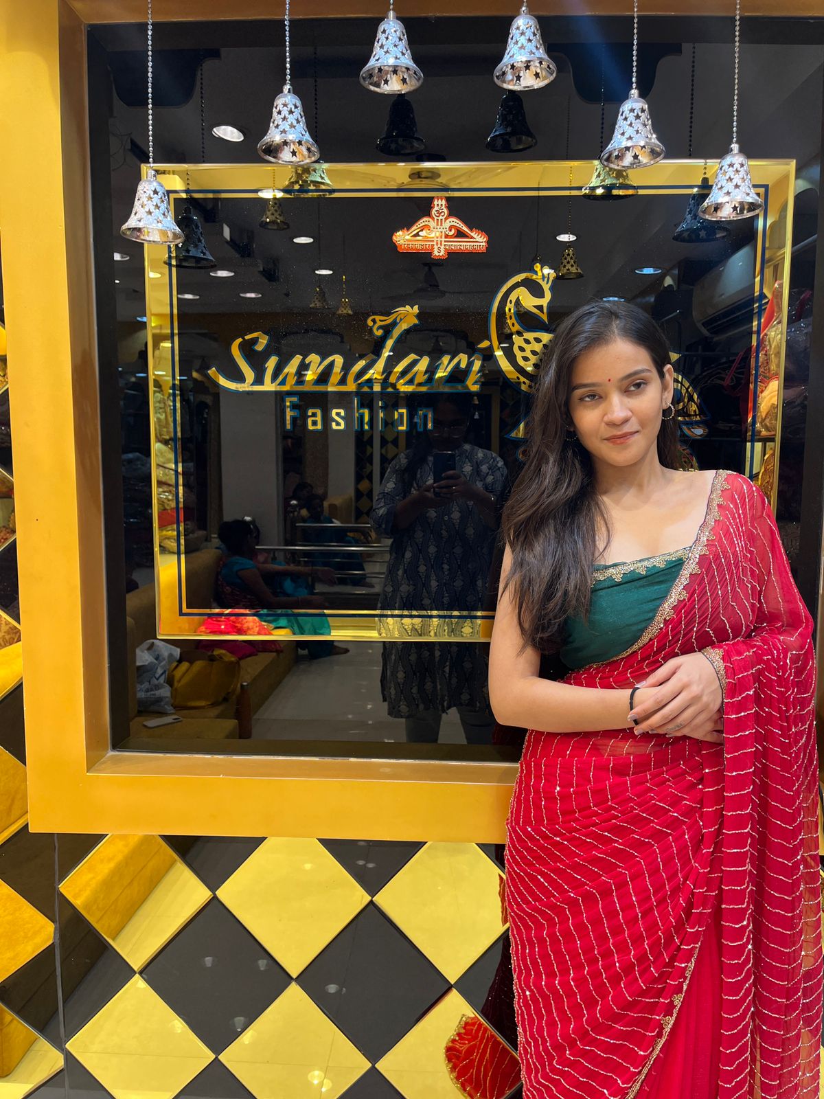 Red Saree With Golden Work And Green Blouse