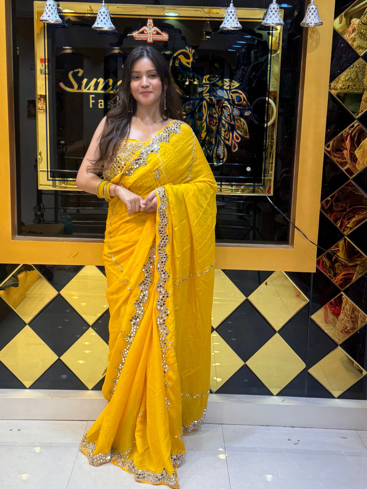 Bright Yellow MirrorWork Saree (814)